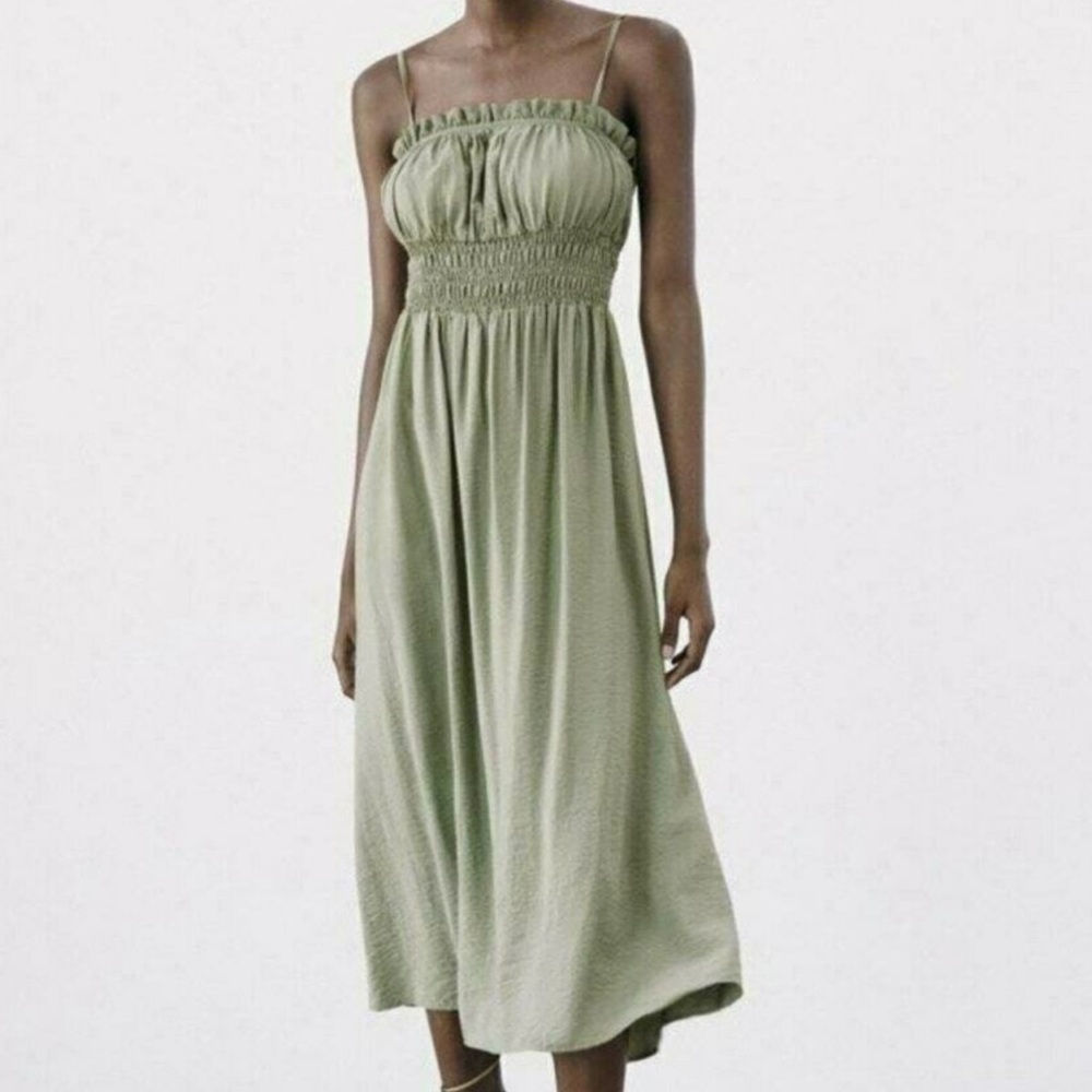 NWT Zara Elastic Ruffle Open Back Spaghetti Tie Strap Midi Dress in Green Sz XS
